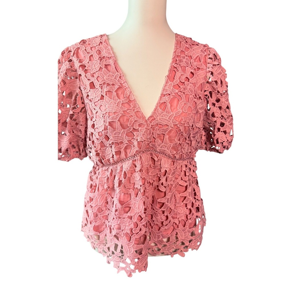 Endless Rose Womens L Coral Floral Lace Peplum Blouse V Neck Puff Sleeve Lined